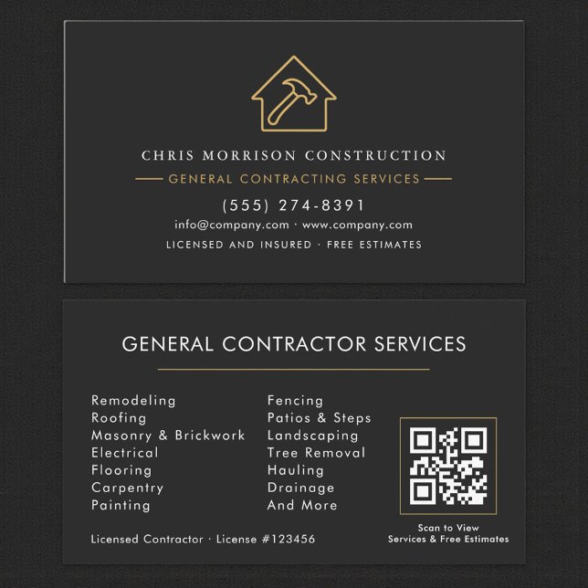 Carte De Visite Modern General Contractor Black Gold QR Code (Créateur téléchargé)