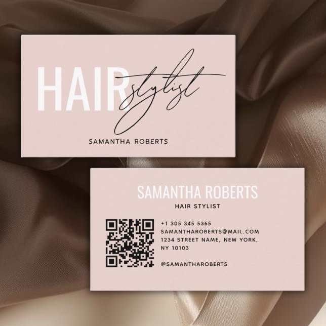 Carte De Visite Modern hair stylist QR Code blush pink (Créateur téléchargé)