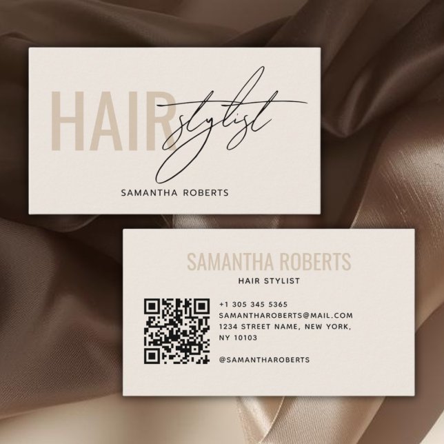 Carte De Visite Modern hair stylist QR Code cream (Créateur téléchargé)