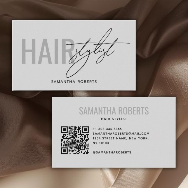Carte De Visite Modern hair stylist QR Code gray (Créateur téléchargé)