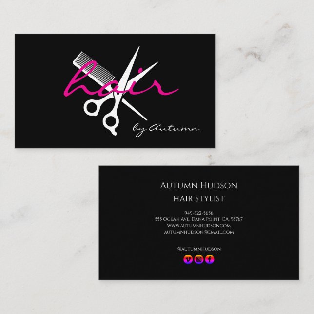 Carte De Visite Modern Hair Stylist Script Black Pink  (Devant / Derrière)