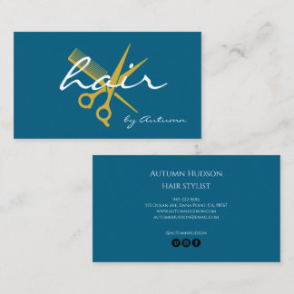 Carte De Visite Modern Hair Stylist Script Blue Gold 
