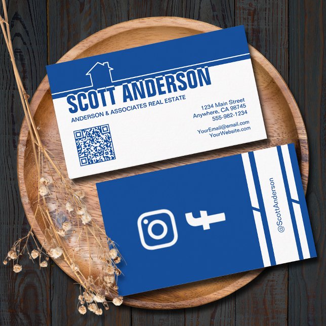 Carte De Visite Modern Home Logo Social Media QR Code Blue (Home logo QR Code social media blue-white business cards - real estate, cleaning, construction)
