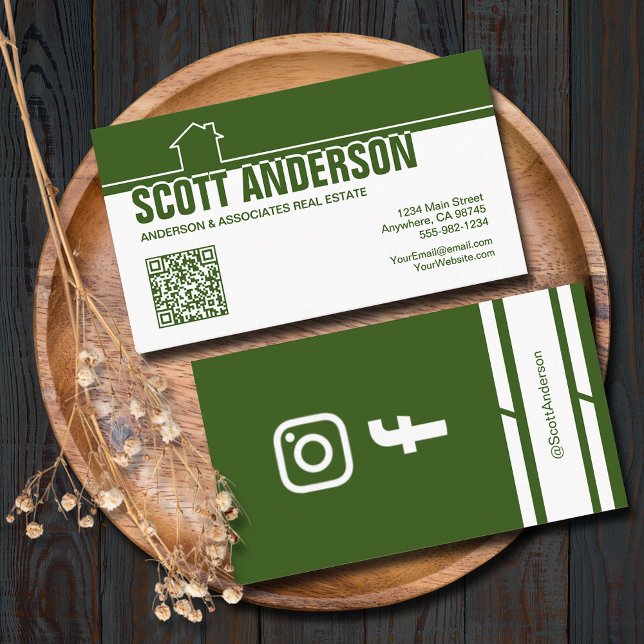Carte De Visite Modern Home Logo Social Media QR Code Green (Home logo QR Code social media green-white business cards - real estate, cleaning, construction)