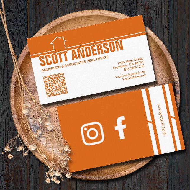Carte De Visite Modern Home Logo Social Media QR Code Orange (Home logo QR Code social media orange-white business cards - real estate, cleaning, construction)
