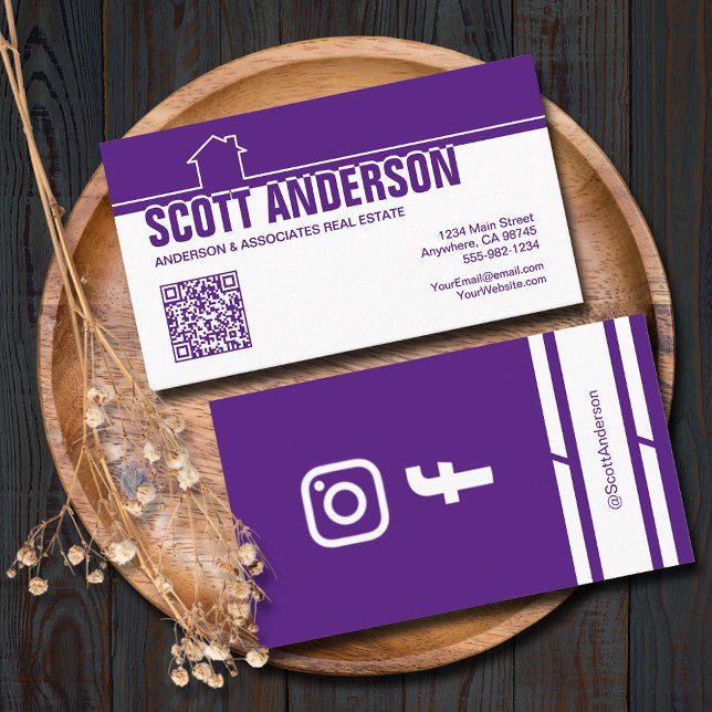 Carte De Visite Modern Home Logo Social Media QR Code Purple (Home logo QR Code social media purple-white business cards - real estate, cleaning, construction)