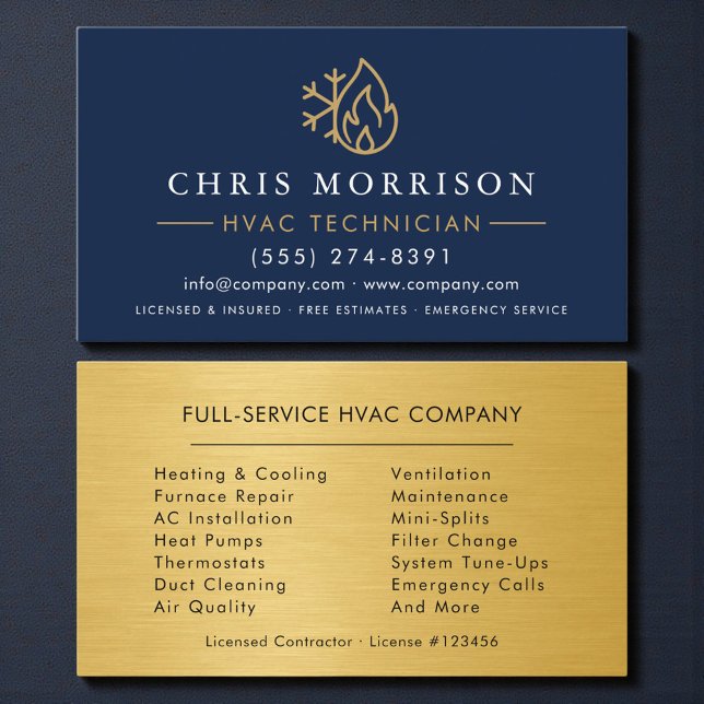 Carte De Visite Modern HVAC Navy Blue Gold Logo (Créateur téléchargé)
