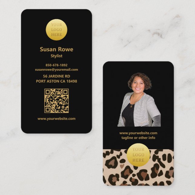 Carte De Visite Modern Luxe Glam Leopard Pattern Black QR Code (Devant / Derrière)