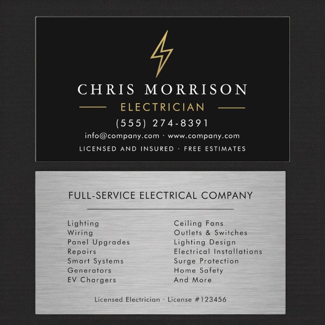 Carte De Visite Modern Metal Electrician Black Gold (Créateur téléchargé)
