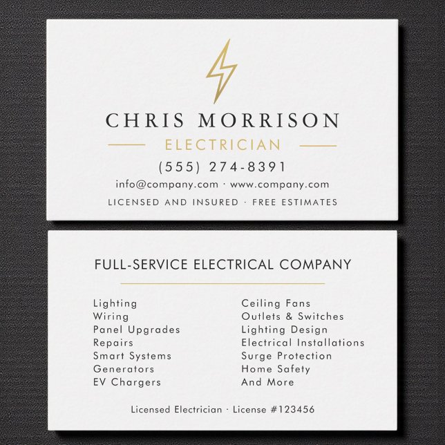Carte De Visite Modern Minimal Electrician White Gold (Créateur téléchargé)