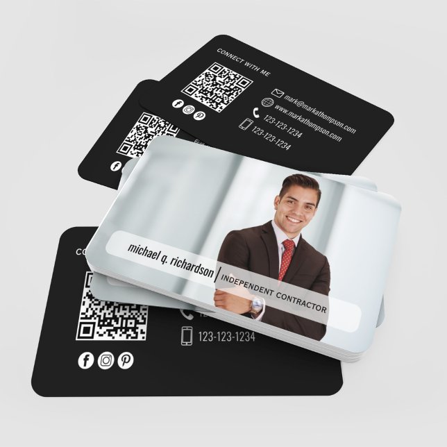 Carte De Visite Modern Minimal QR Code Photo Profile Card (Modern black QR code photo cards scattered with clean minimal contact design)