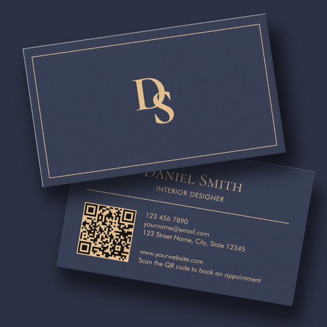 Carte De Visite Modern Minimalist Dark Blue Initials QR Code (Modern Minimalist Dark Blue Initials QR Code Business Card)