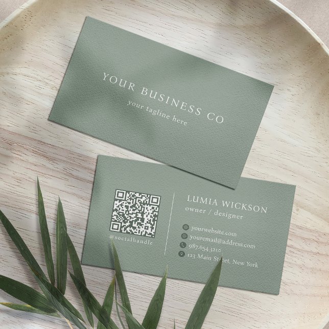 Carte De Visite Modern Minimalist Elegant Sage Green QR Code (Créateur téléchargé)