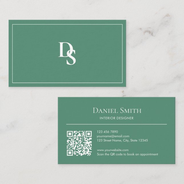 Carte De Visite Modern Minimalist Teal Green Initials QR Code (Devant / Derrière)