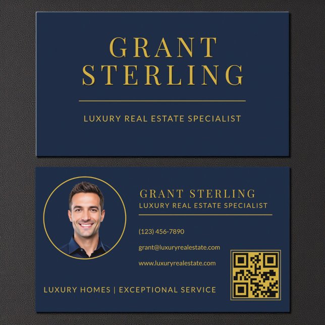 Carte De Visite Modern Navy Blue Gold Real Estate Agent QR Code (Créateur téléchargé)