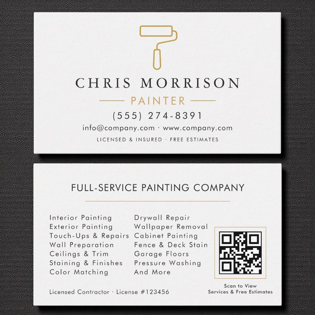 Carte De Visite Modern Painter White Gold QR Code (Créateur téléchargé)