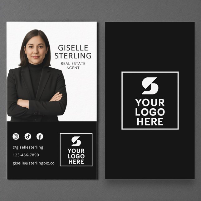 Carte De Visite Modern Photo Logo Real Estate Agent Black White (Créateur téléchargé)