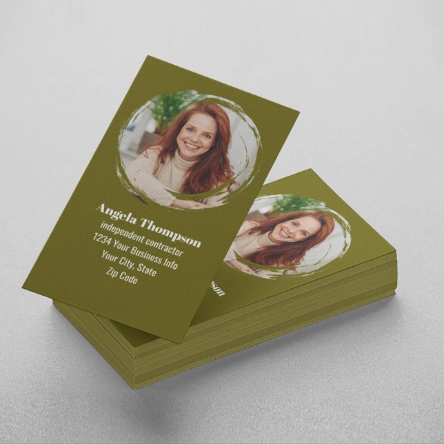 Carte De Visite Modern Photo QR Code Custom Green (Business card with photo template.)