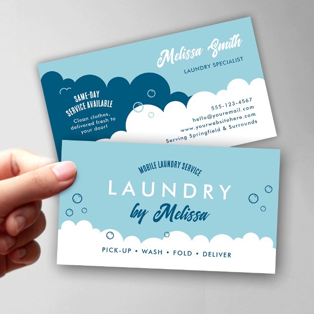 Carte De Visite Modern Pick-Up Laundry Service Blue & White (Modern white and blue mobile laundry services and laundromats business cards)