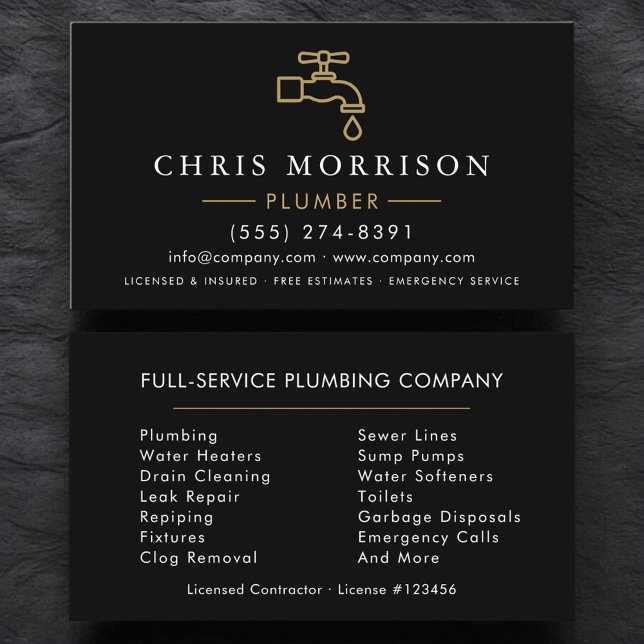 Carte De Visite Modern Plumber Black Gold Minimalist (Créateur téléchargé)