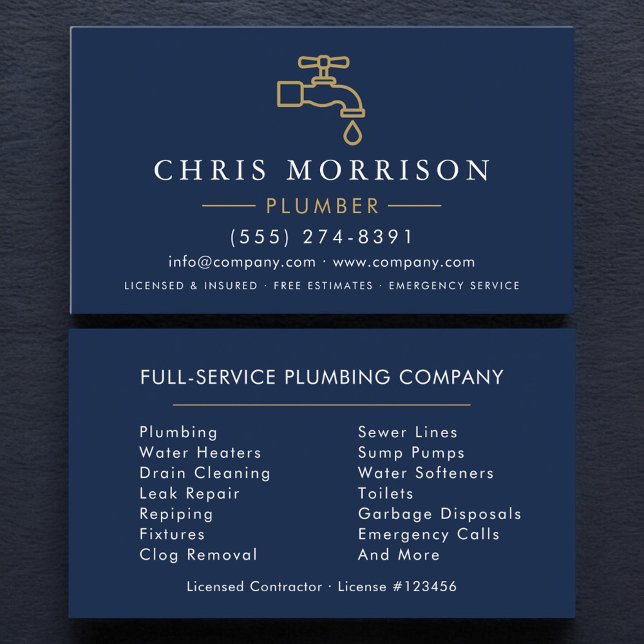 Carte De Visite Modern Plumber Navy Blue Gold Minimalist (Créateur téléchargé)
