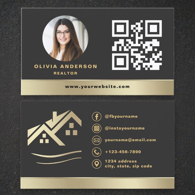 Carte De Visite Modern QR Code Gold House Real Estate Realtor (Créateur téléchargé)
