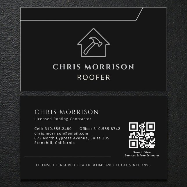 Carte De Visite Modern QR Code Roofing Roofer Company Black (Créateur téléchargé)