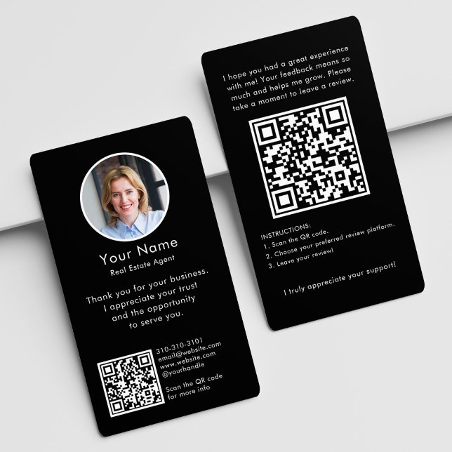 Carte De Visite Modern Review Request with QR Code And Photo Black (Créateur téléchargé)