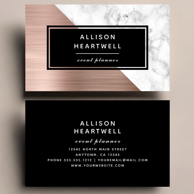 Carte De Visite Modern Rose Gold Brushed Metal White Marble Black (Créateur téléchargé)