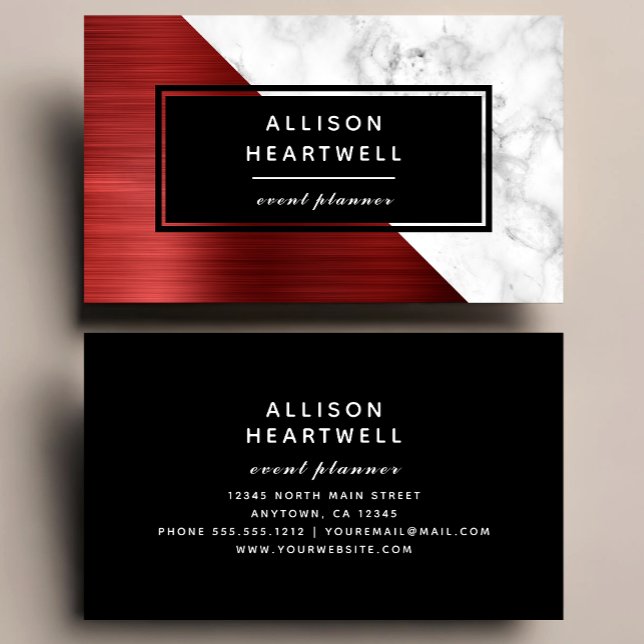 Carte De Visite Modern Ruby Red Brushed Metal White Marble Black (Créateur téléchargé)