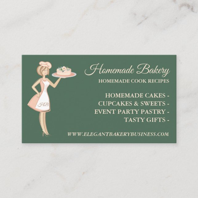Carte De Visite Modern Sage Green Bakery Woman Cake Service (Devant)