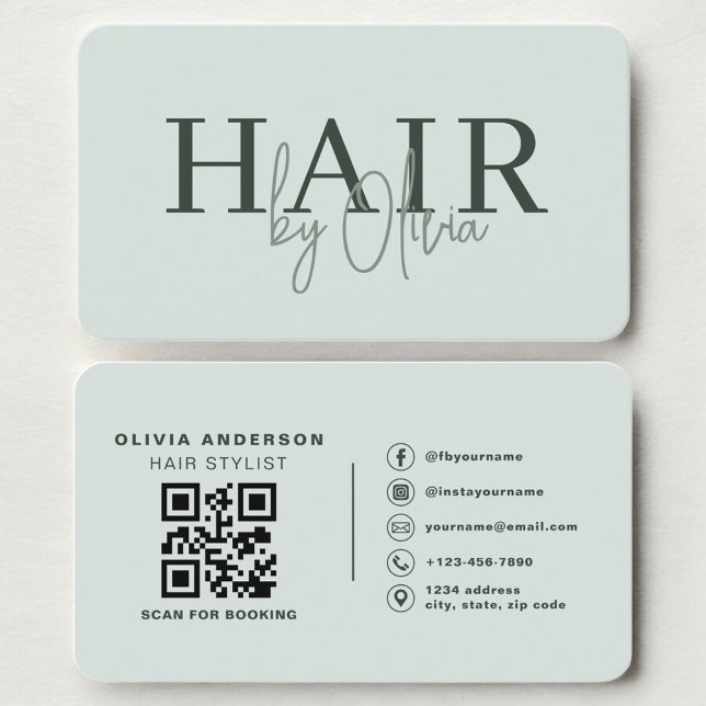 Carte De Visite Modern Sage Green Salon Hairstylist QR Code (Créateur téléchargé)