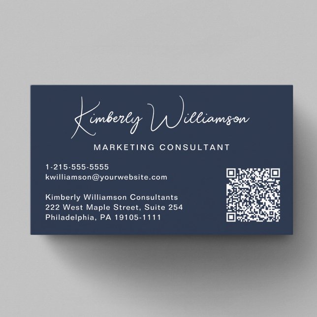 Carte De Visite Modern Script QR Code Professional Blue (Modern Script QR Code Professional Blue Business Card)