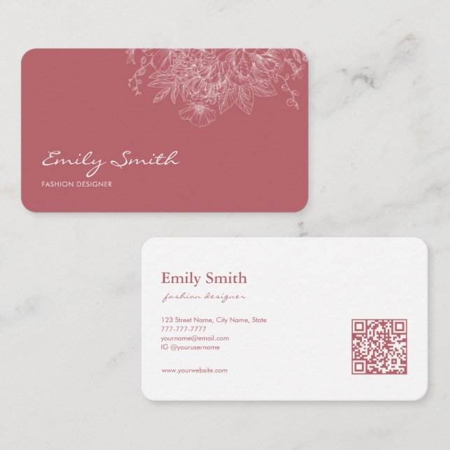 Carte De Visite Modern Simple Dusty Pink Flower Line Art QR Code  (Devant / Derrière)