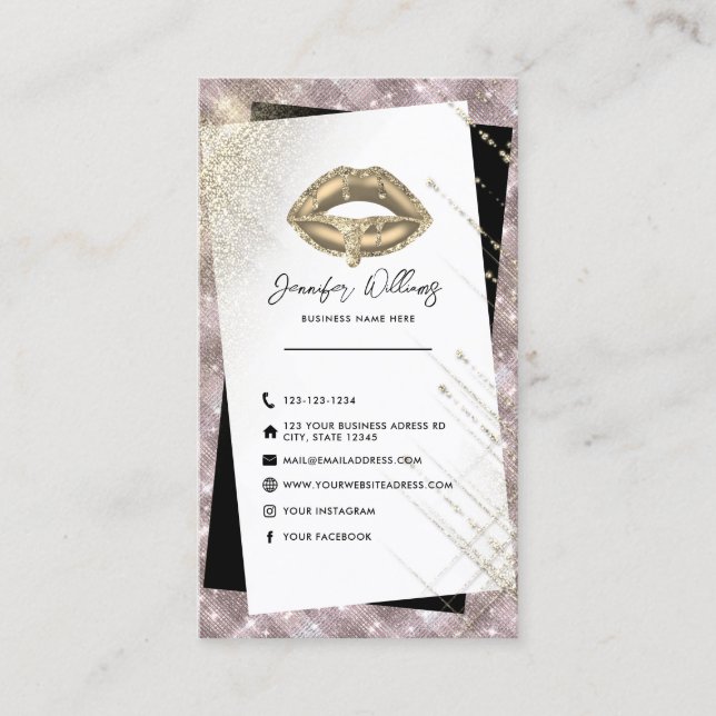 Carte De Visite Modern Social Media Icons Unique Gold Lips Beauty (Devant)