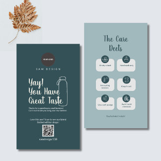 Carte De Visite Modern Teal Tumbler Care Card with QR Code