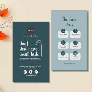 Carte De Visite Modern Teal Tumbler Care Instruction Card Logo