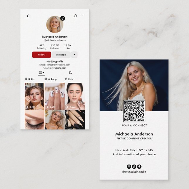 Carte De Visite Modern TikTok Influencer QR Code & Socials (Devant / Derrière)
