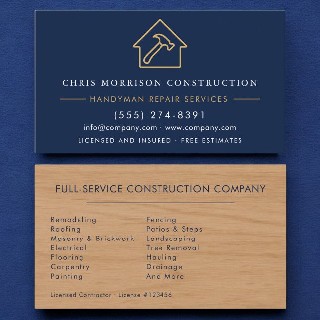 Carte De Visite Modern Wood Handyman Navy Blue Gold Construction  (Créateur téléchargé)