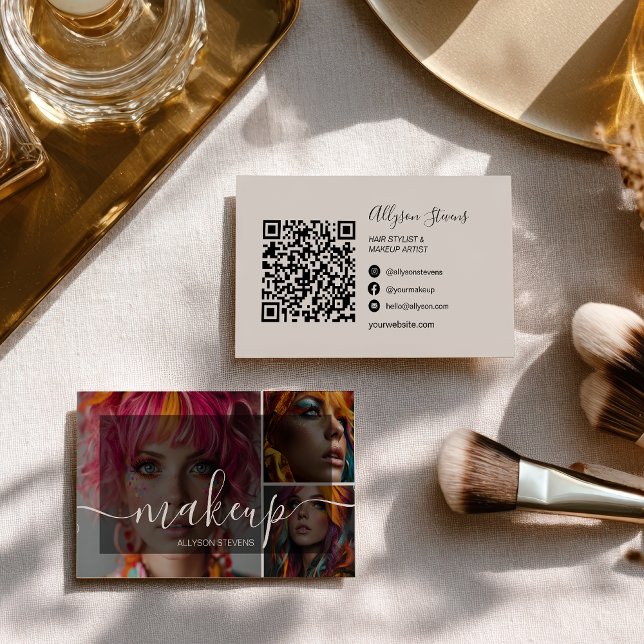 Carte De Visite Moderne 3 maquillage photo Artiste Code QR Médias  (Modern 3 Photo Makeup Artist QR code Social Media Business Card)