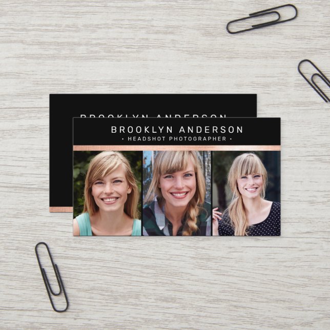 Carte De Visite Moderne 3 photographe photo Rose Gold Foil (Devant/Arrière en situation)