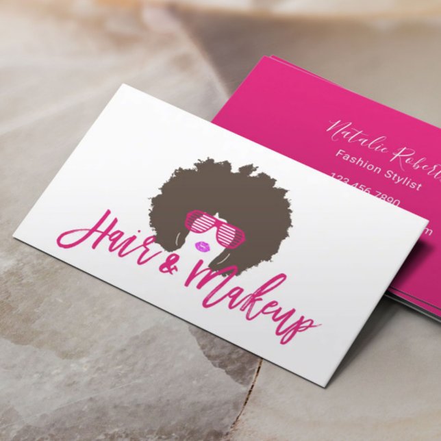 Carte De Visite Moderne Afro Hair Girl Hot Pink Script Beauté Salo (Créateur téléchargé)
