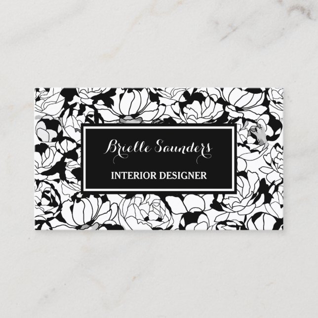 Carte De Visite Moderne Black Blanc Floral Fille Designer d'intéri (Devant)