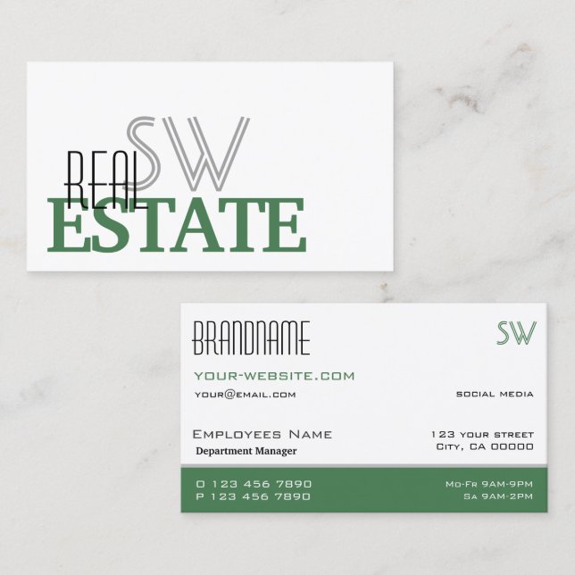 Carte De Visite Moderne Blanc Vert élégant Simple avec Monogramme (Devant / Derrière)