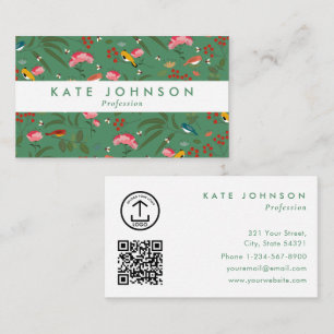 Carte De Visite Moderne Boho Floral Oiseaux Rose Vert Coloré
