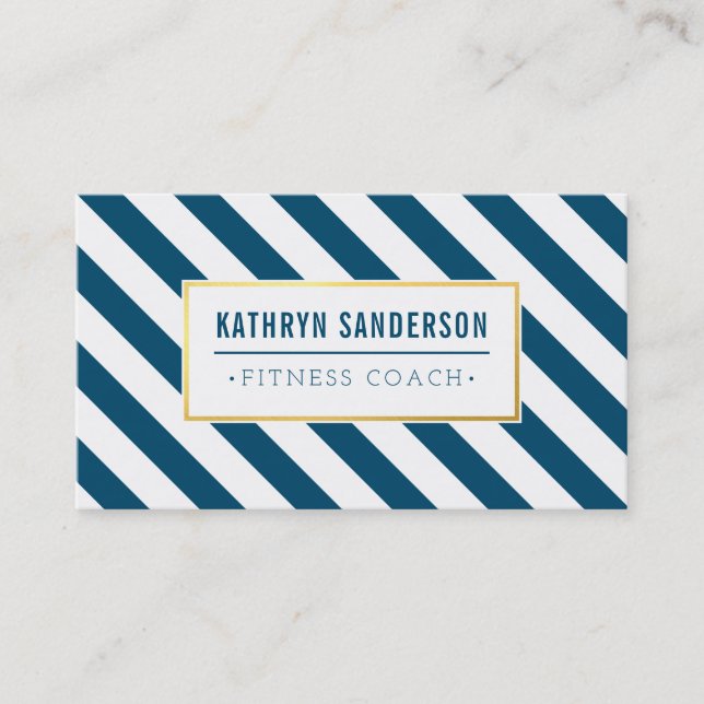 Carte De Visite MODERNE BOLD strié or logo emblème bleu foncé (Devant)