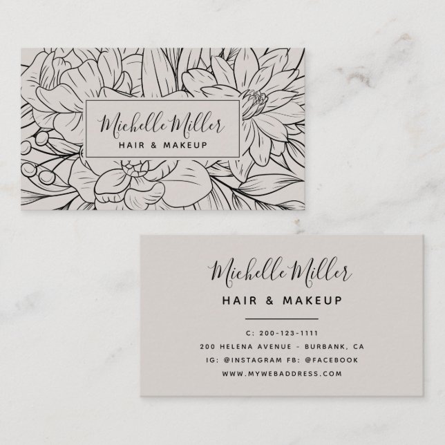 Carte De Visite Moderne Botanique Blush Script maquillage cheveux (Devant / Derrière)