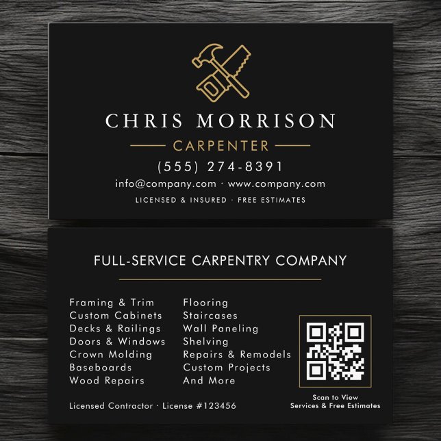 Carte de visite Moderne Charpentier Code QR Or Noi (Créateur téléchargé)