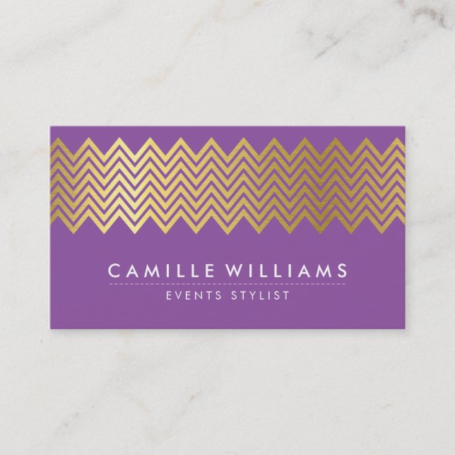 Carte De Visite MODERNE CHEVRON motif feuille or tendance violet (Devant)