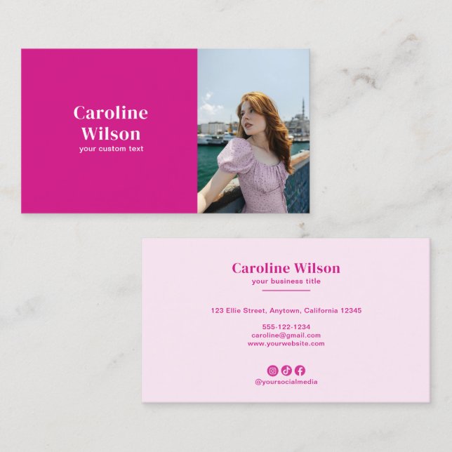 Carte De Visite Moderne Chic Hot Pink Professional Photo Girl (Devant / Derrière)